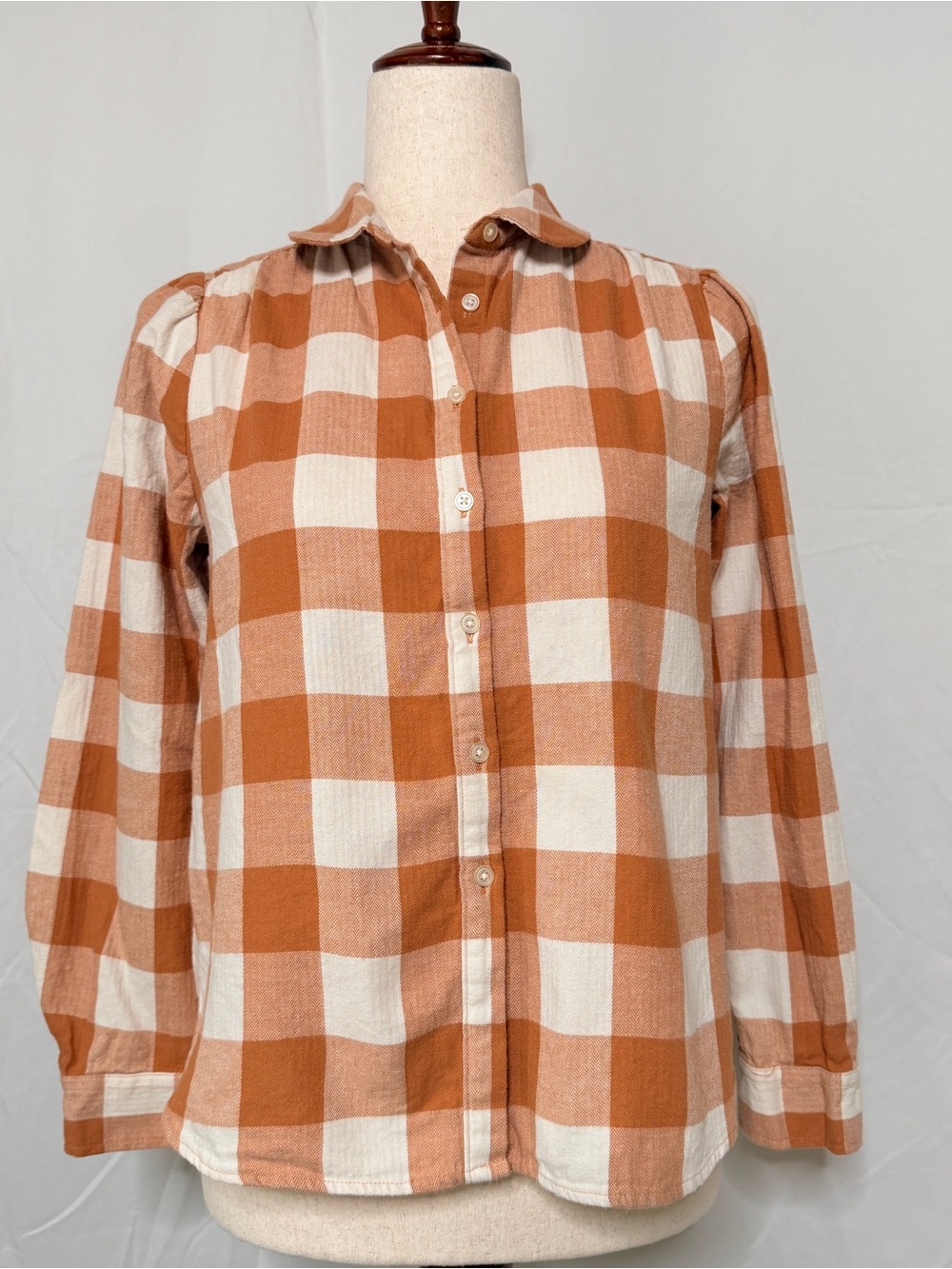 LOFT rust Orange and Cream Buffalo Check Shirt, feminine,cottagecore ,cabincore